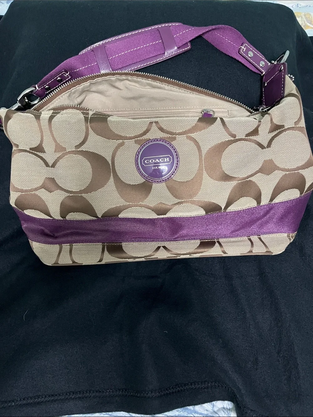 Coach Signature Canvas Shoulder Bag with Purple Trim